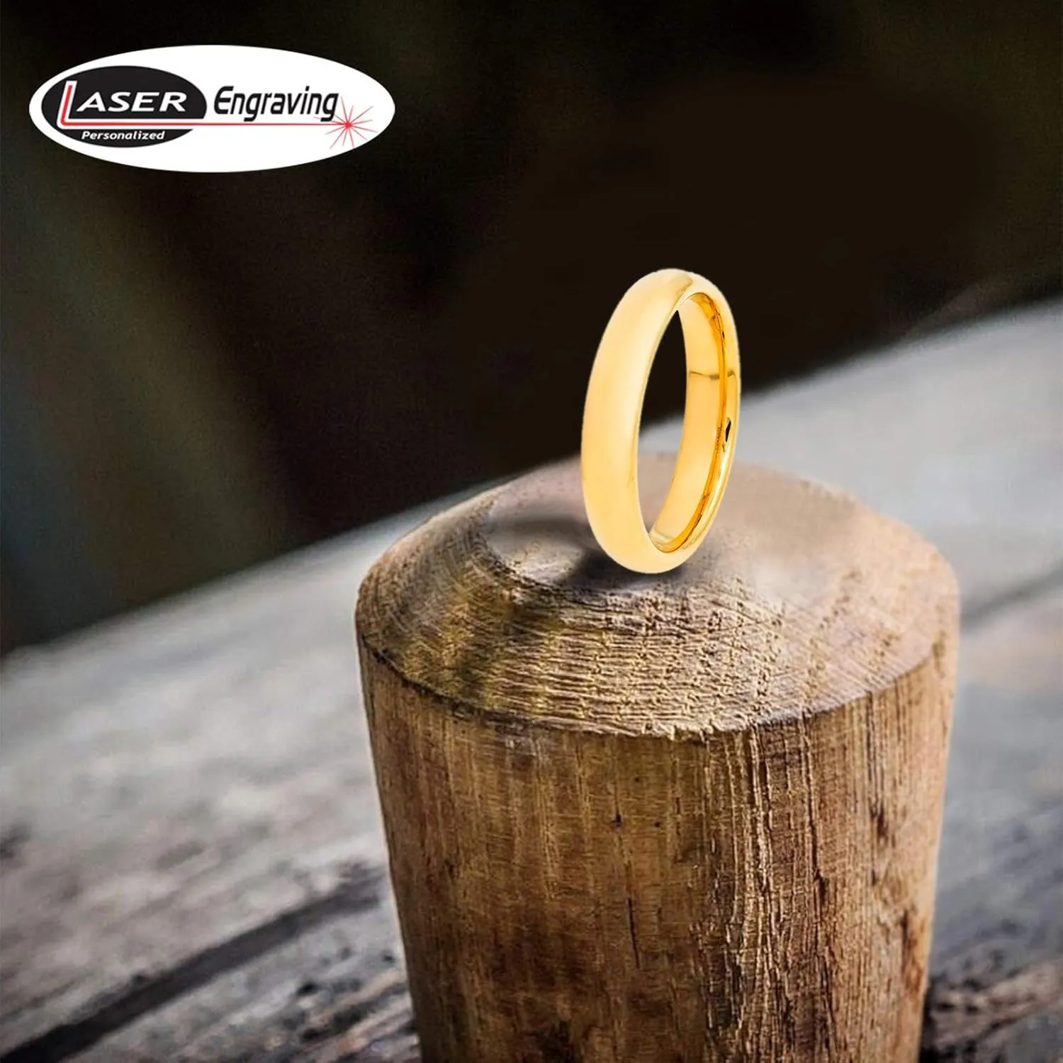 Personalized laser engraving Ring for Men and Ring for Women tungsten Band Rings 4mm Yellow Gold IP Plated High Polished Domed Classic Style Wedding Band Ring Ideal Rings for couples