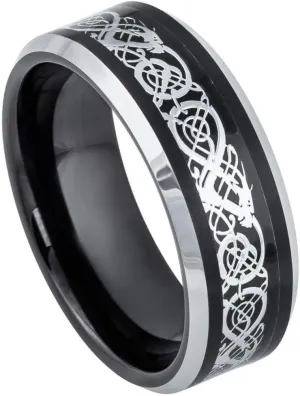 Personalized laser engraving Ring for Men and Ring for Women tungsten Band Rings 8mm Black IP & Stainless SteelCeltic Cut-Out Design Inlay & Beveled Edge Wedding Band Ring Ideal Rings for couples