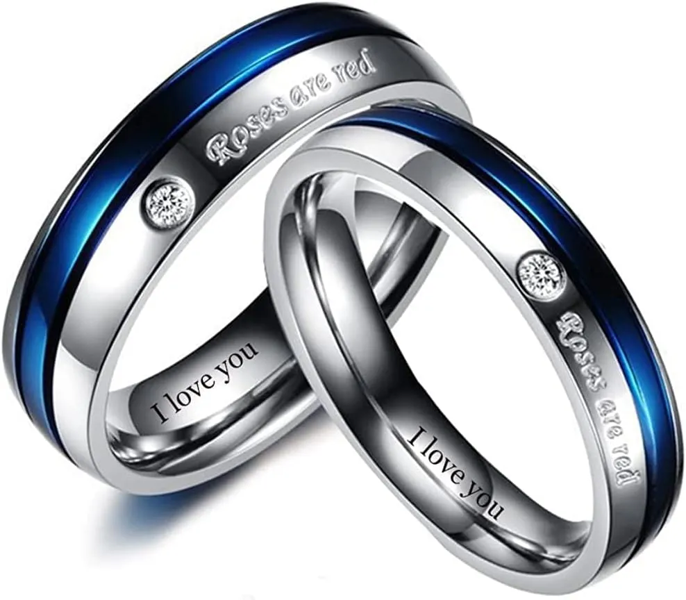Personalized Matching Promise Rings for Couples Set with 2 Rings Matching Engagement Rings for Couples Stainless Steel Blue Line Wedding Rings for Men Women Custom Engraved Name Rings for Couples Valentine's Day Jewelry Gift