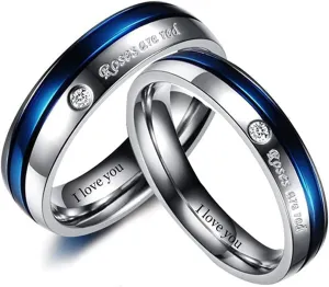 Personalized Matching Promise Rings for Couples Set with 2 Rings Matching Engagement Rings for Couples Stainless Steel Blue Line Wedding Rings for Men Women Custom Engraved Name Rings for Couples Valentine's Day Jewelry Gift