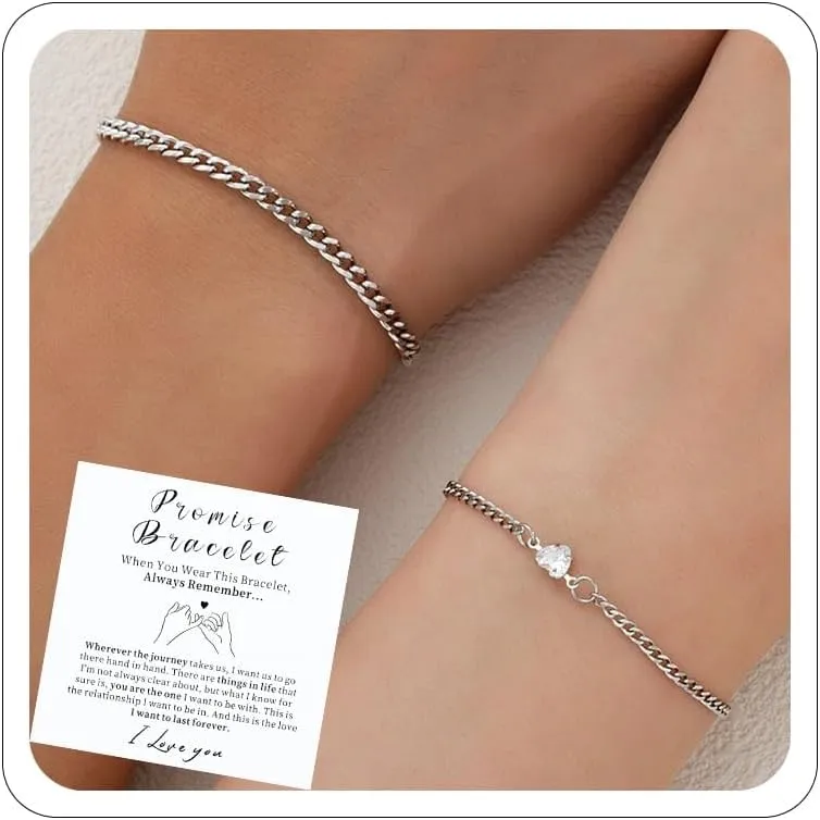 Promise Couple Bracelets for Women Men Permanent Bracelets for Couples Soulmate Distance Relationship Bracelet Stainless steel Matching Bracelets Locked Bracelet Heart Rhinestone Gold Silver Cuban Chain