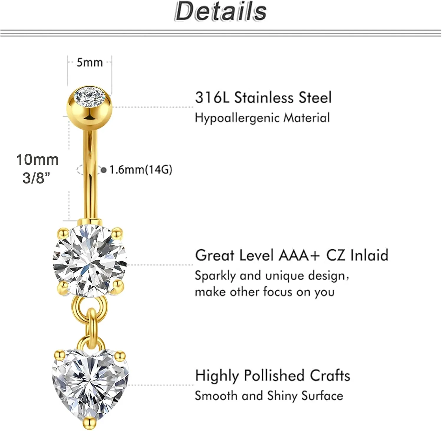QWALIT Belly Button Rings 14G Surgical Steel Belly Rings CZ Opal Navel Piercing Jewelry for Women Girls 3/8" 10mm Silver Rose Gold