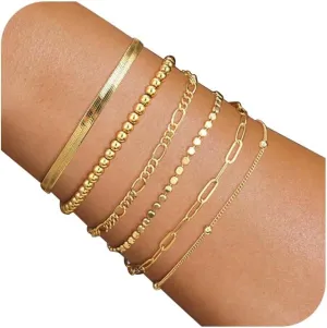 QWALIT Gold Bracelets for Women Trendy Thin Dainty Silver Stackable Cuban Link Paperclip Chain Bracelet Pack Fashion Accessories for Womens Gold Plated Bracelet Stack Set Adjustable 6pcs