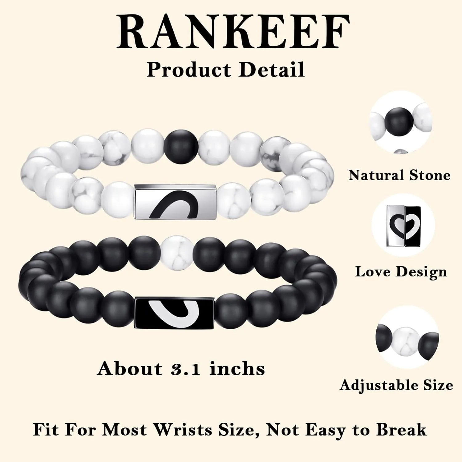 RANKEEF Tiger Eye Bracelet For Men 8MM Natural Stone Stretch Adjustable Black Crystal Beaded Bracelet for Men Women Gifts