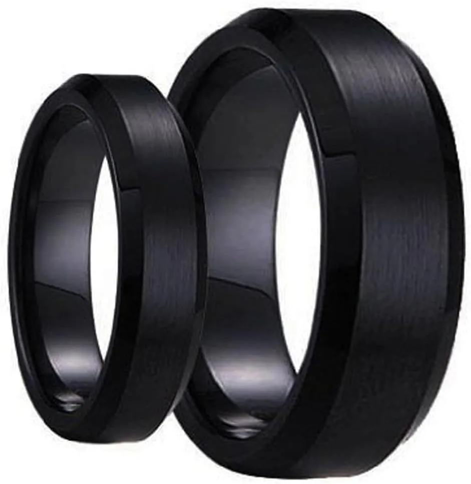 Ring for Men and Ring for Women His & Her's Matching Set 6mm / 8mm Black Brushed Center with Polished Edge Tungsten Carbide Wedding Band Set Wedding Band Ring Ideal Rings for couples