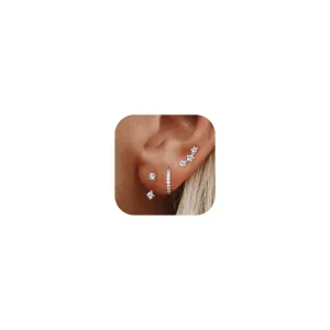 Silver Hoop Earrings Set for Women Dainty Studs Earrings Rhinestone Hoop Earrings Piercing Cartilage Earrings Hypoallergenic Small Hoop Earrings Jewelry Gift for Women (Silver)