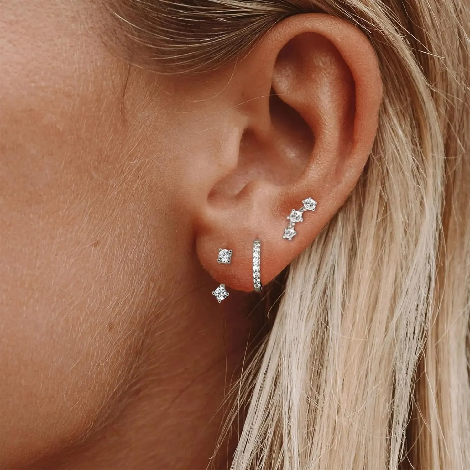 Silver Hoop Earrings Set for Women Dainty Studs Earrings Rhinestone Hoop Earrings Piercing Cartilage Earrings Hypoallergenic Small Hoop Earrings Jewelry Gift for Women (Silver)