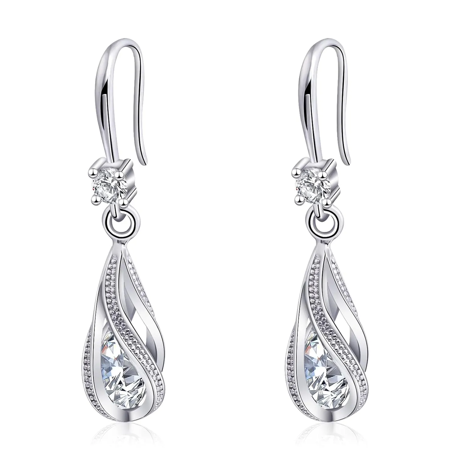 Silver White Cubic Zirconia Earrings Dangling for Women Spiral Hanging Shaped Teardrop Earrings for Bridal or Gift