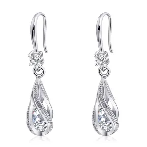 Silver White Cubic Zirconia Earrings Dangling for Women Spiral Hanging Shaped Teardrop Earrings for Bridal or Gift