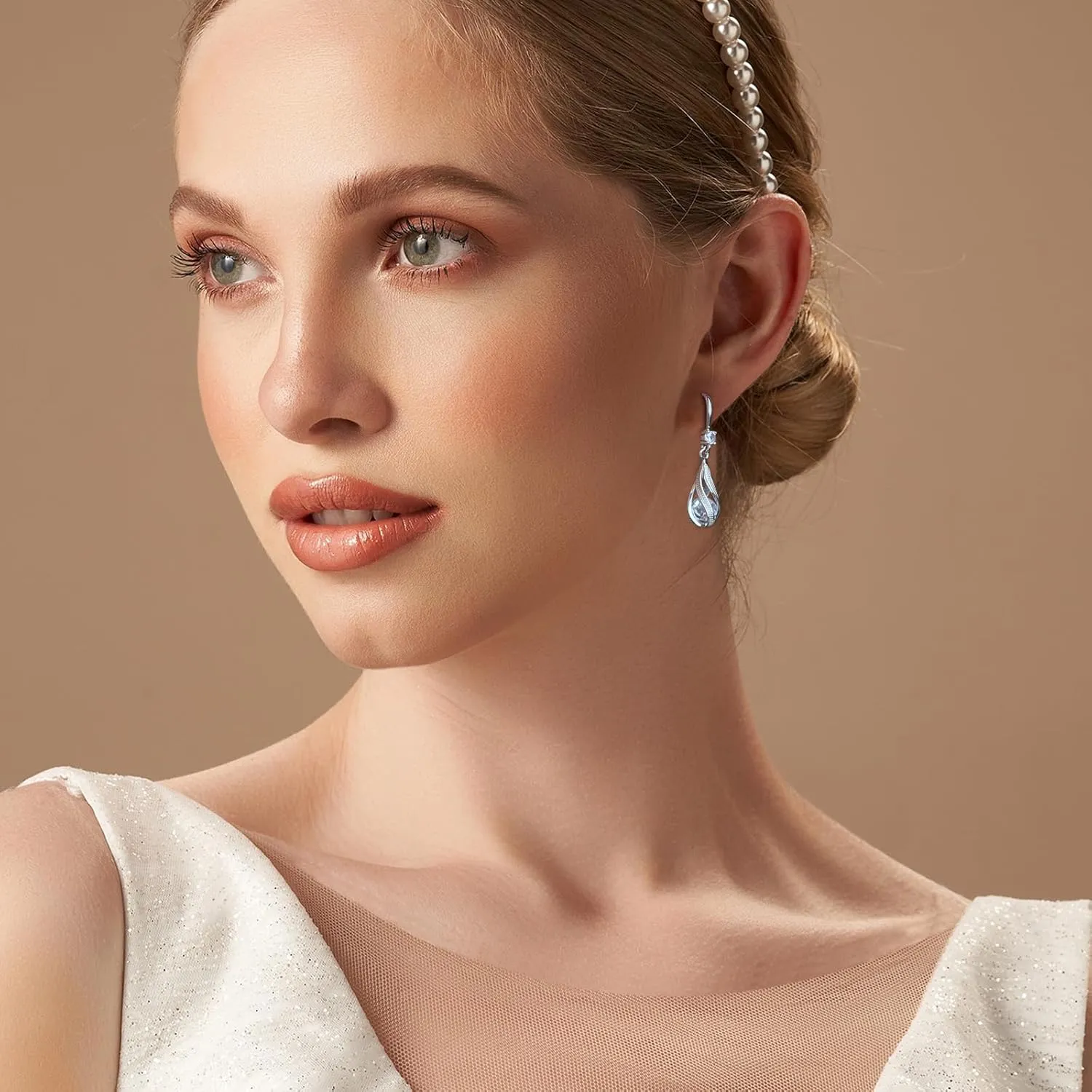 Silver White Cubic Zirconia Earrings Dangling for Women Spiral Hanging Shaped Teardrop Earrings for Bridal or Gift