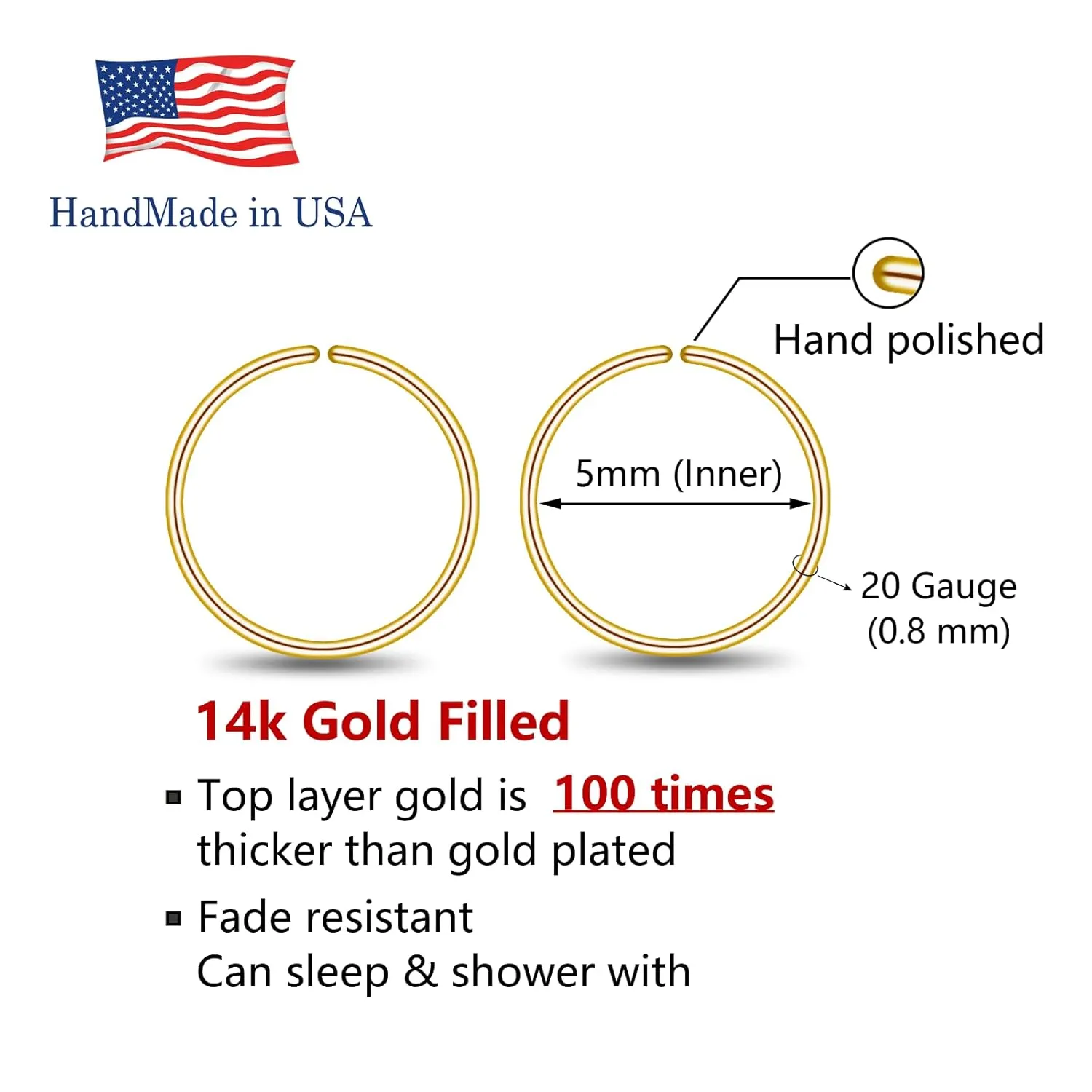 Small Gold Sterling Silver Huggie Hoop Earrings for Women Cartilage Nose Helix Tragus (Gold, 5mm 20 gauge / 1 pair)