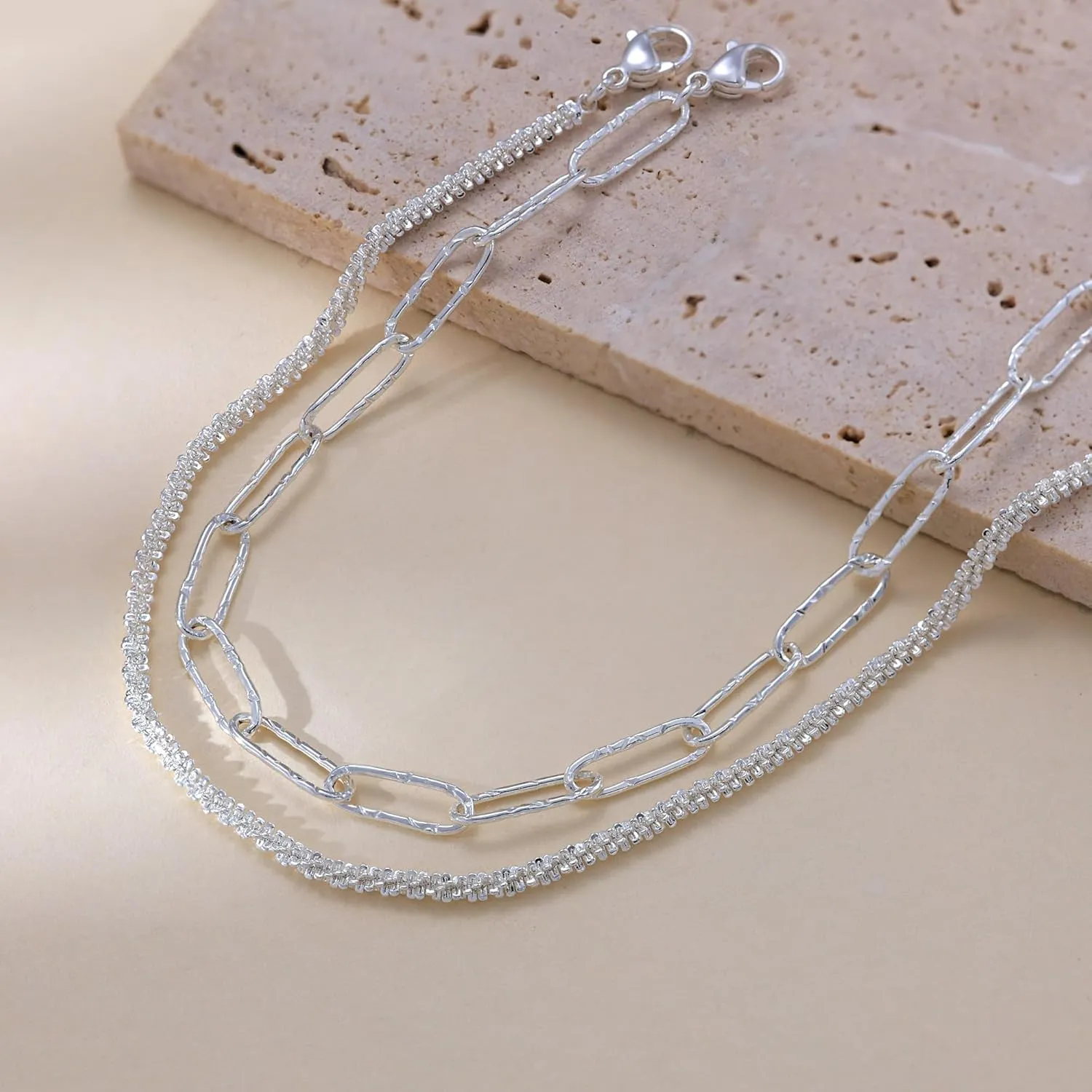 Sterling Silver Chain Bracelet: Dainty Stackable Bracelets for Women Trendy Cute Adjustable Layered Paperclip Womens Bracelet Set Silver Waterproof Jewelry for Women