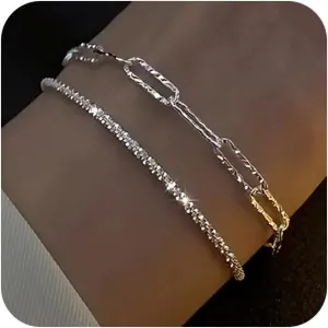 Sterling Silver Chain Bracelet: Dainty Stackable Bracelets for Women Trendy Cute Adjustable Layered Paperclip Womens Bracelet Set Silver Waterproof Jewelry for Women