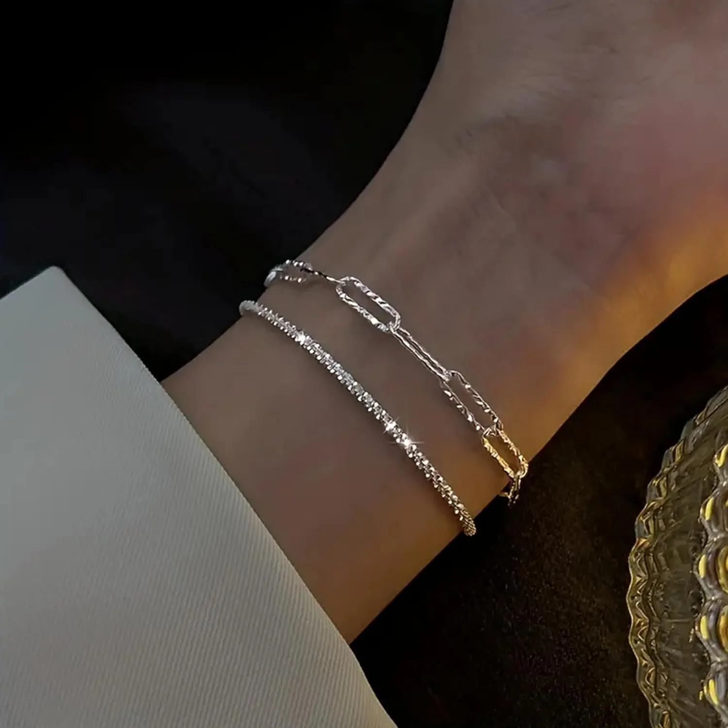 Sterling Silver Chain Bracelet: Dainty Stackable Bracelets for Women Trendy Cute Adjustable Layered Paperclip Womens Bracelet Set Silver Waterproof Jewelry for Women