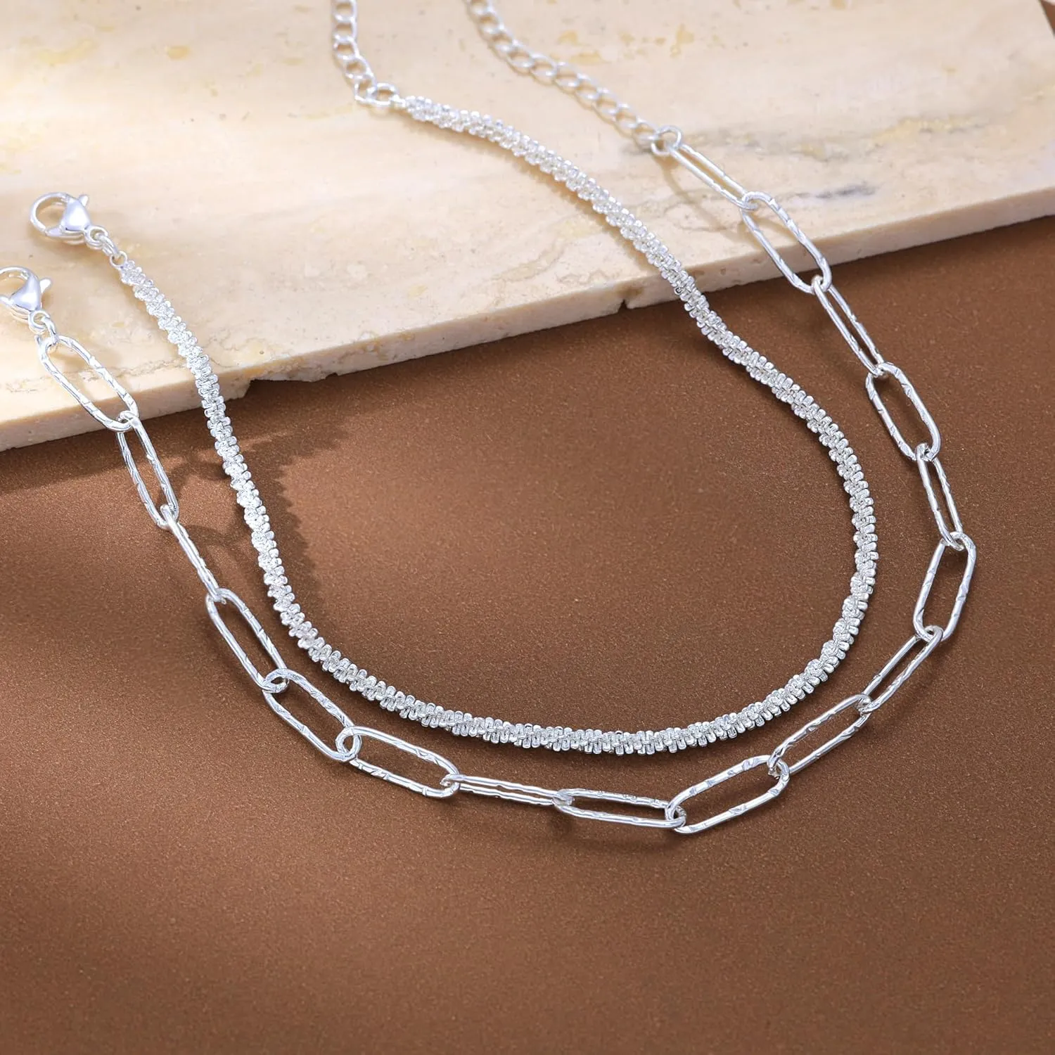 Sterling Silver Chain Bracelet: Dainty Stackable Bracelets for Women Trendy Cute Adjustable Layered Paperclip Womens Bracelet Set Silver Waterproof Jewelry for Women