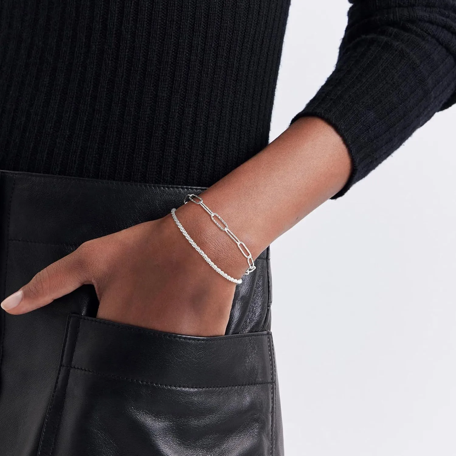 Sterling Silver Chain Bracelet: Dainty Stackable Bracelets for Women Trendy Cute Adjustable Layered Paperclip Womens Bracelet Set Silver Waterproof Jewelry for Women