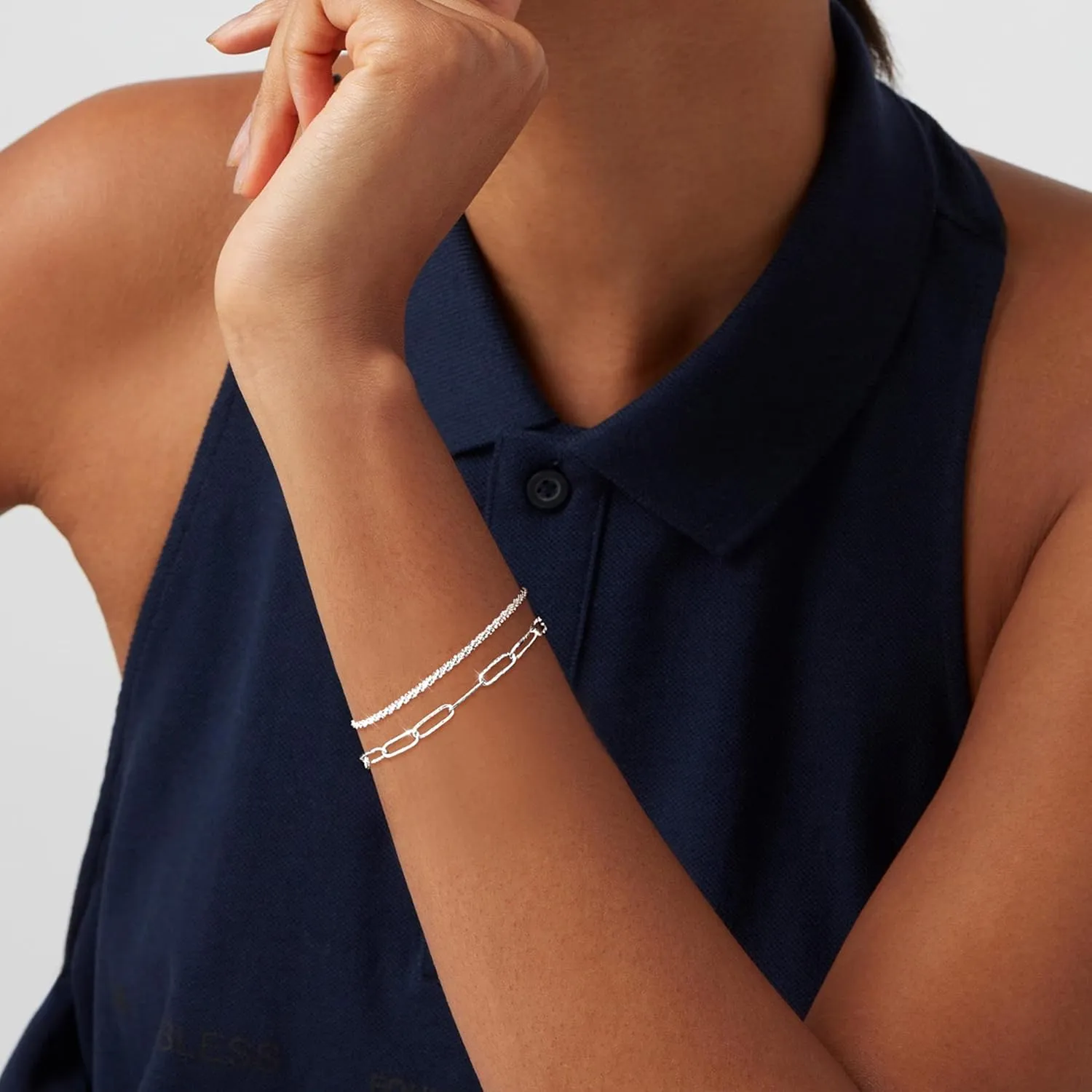 Sterling Silver Chain Bracelet: Dainty Stackable Bracelets for Women Trendy Cute Adjustable Layered Paperclip Womens Bracelet Set Silver Waterproof Jewelry for Women