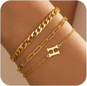 Turandoss Gold Bracelets for Women Trendy - Personalized Initial Dainty Stackable Gold Cuban Chain Paperclip Chain Bracelets Sets for Women Teen Girls