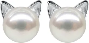 Wicary Cat Earrings Sterling Silver Pearl Earrings for Women Cat Stud Earring for Cat Lovers