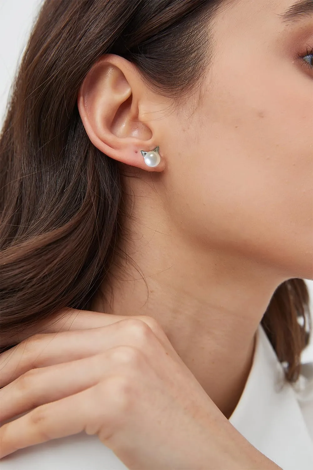 Wicary Cat Earrings Sterling Silver Pearl Earrings for Women Cat Stud Earring for Cat Lovers