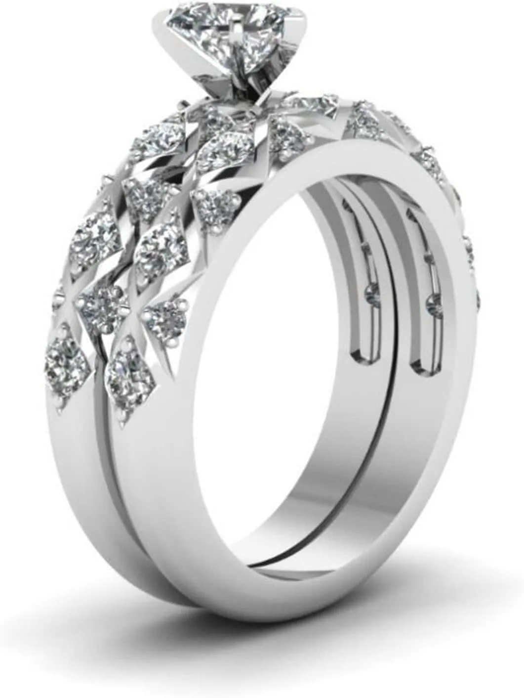 Women 2PCS Inlaid Zircon Proposal Rings Set Heart Shaped Simulated Diamond Elegant Ring Bridal Wedding Band (Sliver, 9)