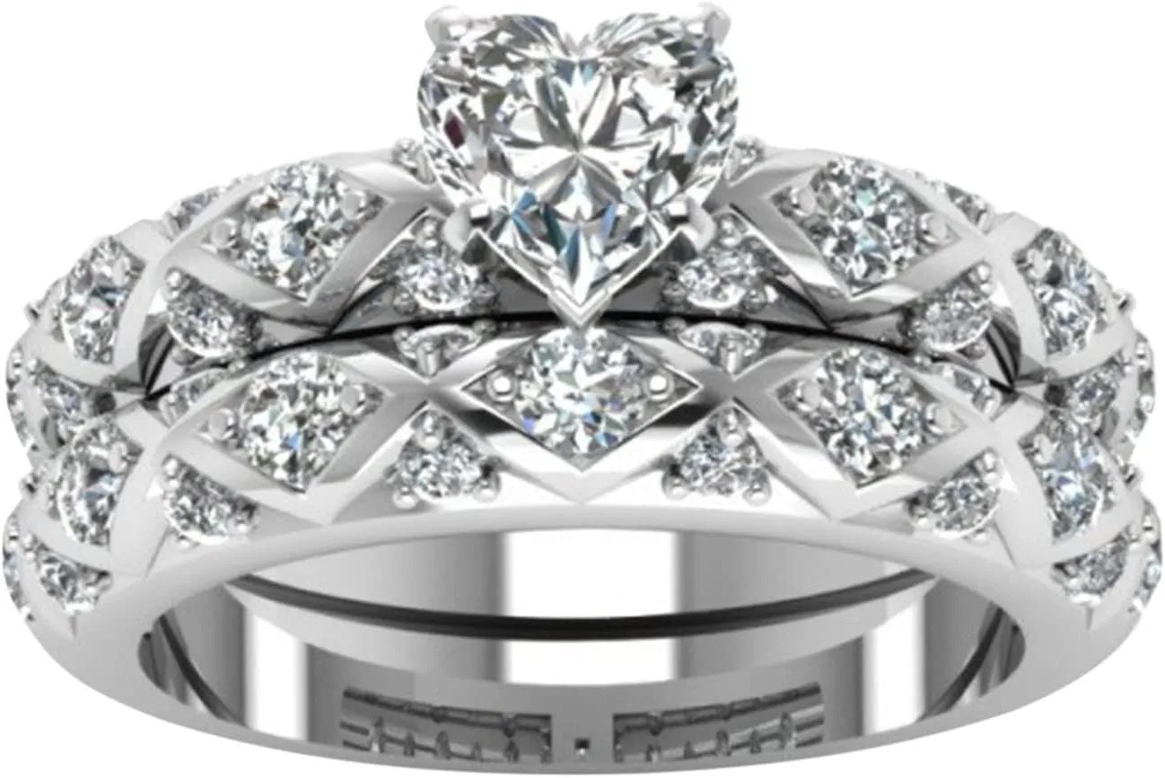 Women 2PCS Inlaid Zircon Proposal Rings Set Heart Shaped Simulated Diamond Elegant Ring Bridal Wedding Band (Sliver, 9)