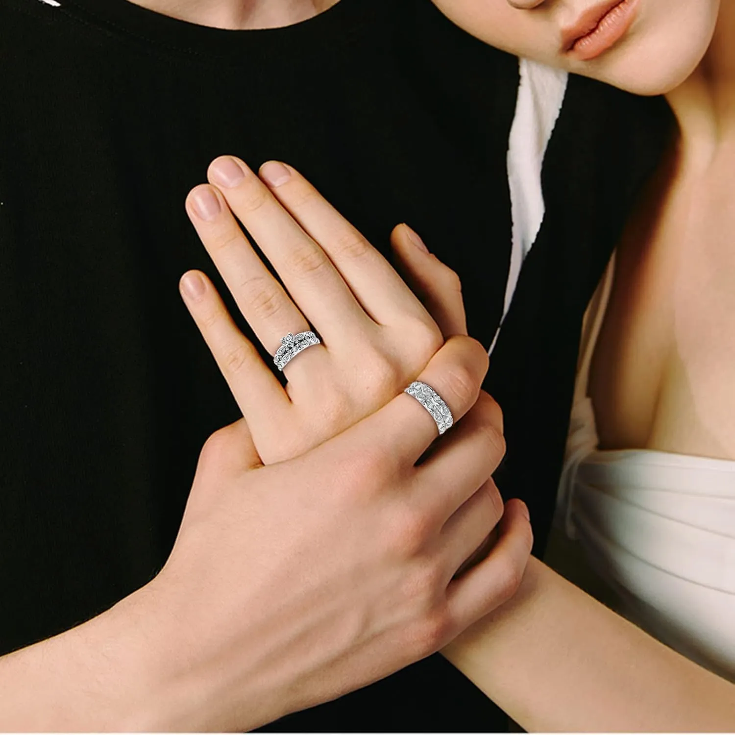 Women 2PCS Inlaid Zircon Proposal Rings Set Heart Shaped Simulated Diamond Elegant Ring Bridal Wedding Band (Sliver, 9)