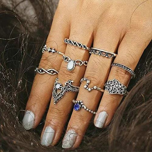 Yellow Chimes Rings for Women 10 PCS Combo Ring Set Oxidised Silver Plated Knuckle Rings Set for Women and Girls.